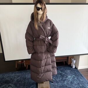 The North Face Brown Quilted Long Belted Puffer Coat with Hood